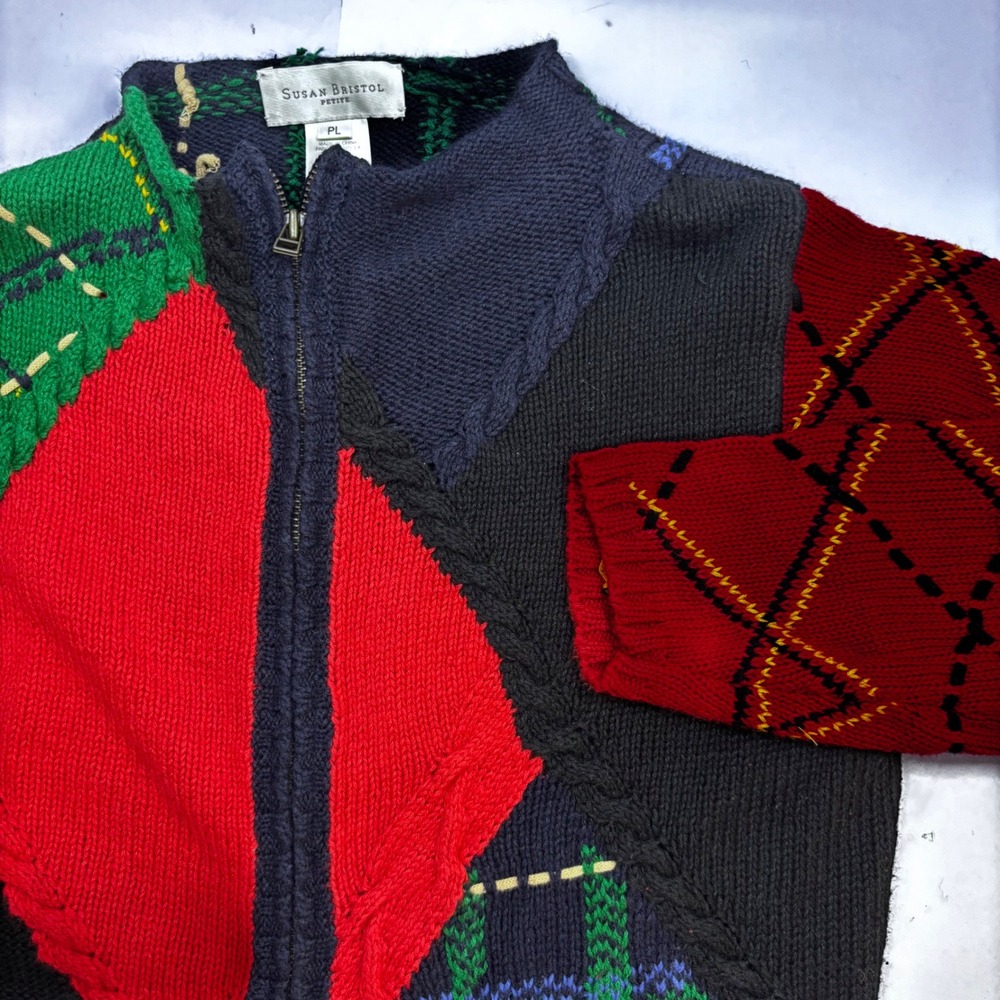 Vtg 90s Susan Bristol Petite Hand Knit Patchwork Zip Up Cardigan Sweater PL‎